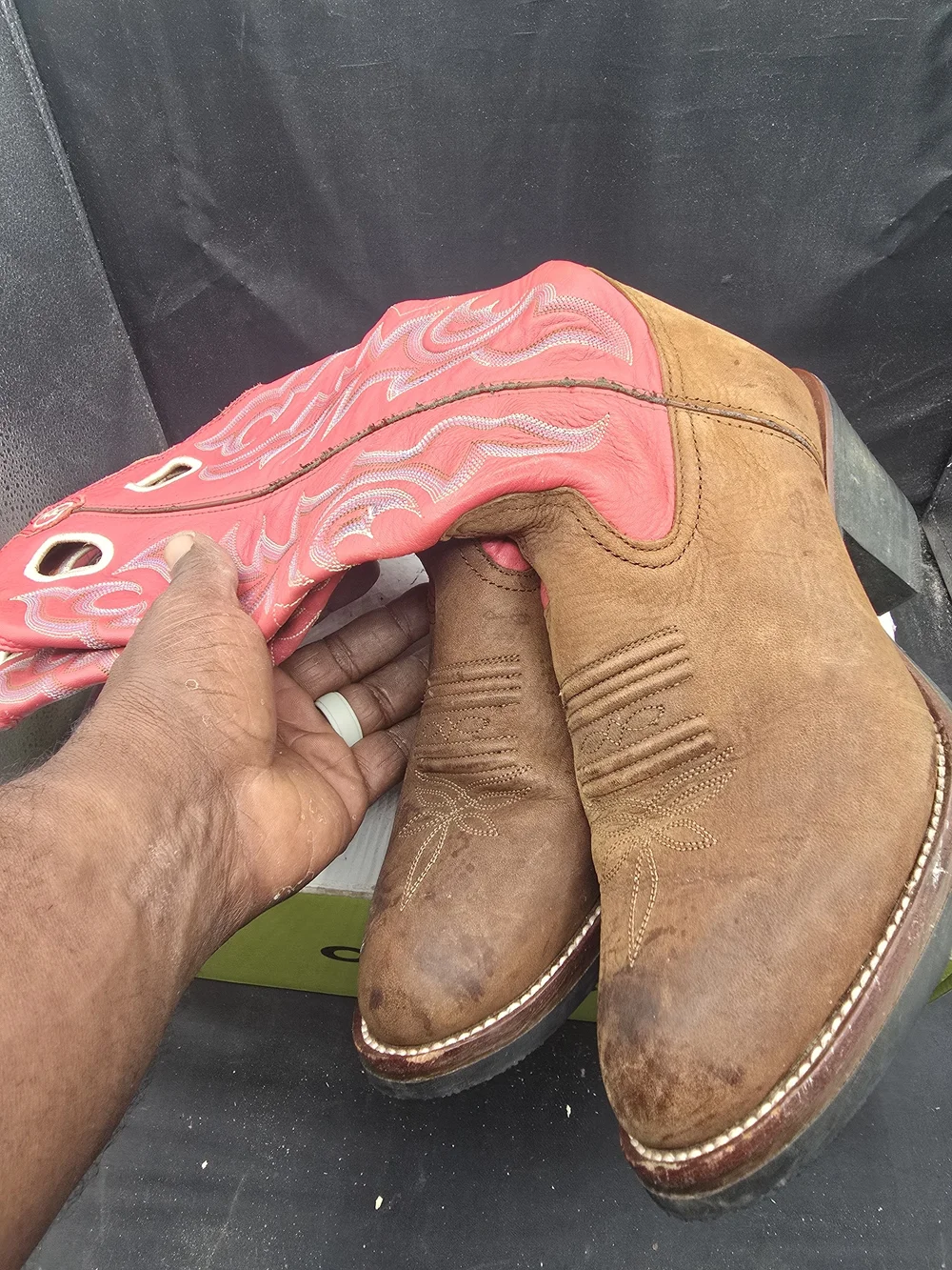 Tony Lama Brown Foot with Red Embroidered Shaft Cowboy Boots